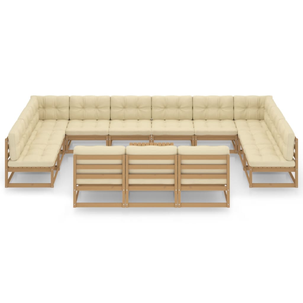 14-tlg. Garten-Lounge-Set Kissen Honigbraun Kiefer Massivholz